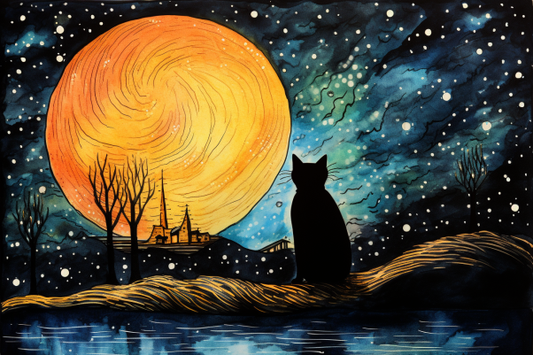 Bold Full Moon And Black Cat Diamond Painting Kits