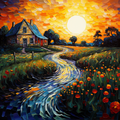 Country Farmhouse And Golden Sunset
