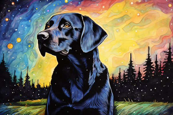Watercolor Dark Labrador Colorful Sky