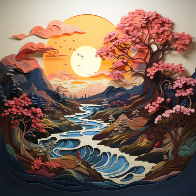 Paper Art Sun Over Stream