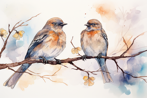 Two Soft Watercolor Birds On A Branch