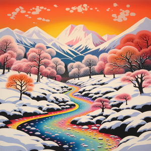 Snow Covered Mountain And Rainbow Stream