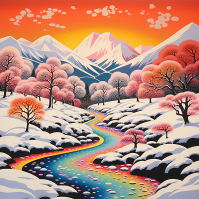 Snow Covered Mountain And Rainbow Stream
