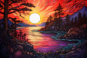Watercolor Golden Sunset Over Lake