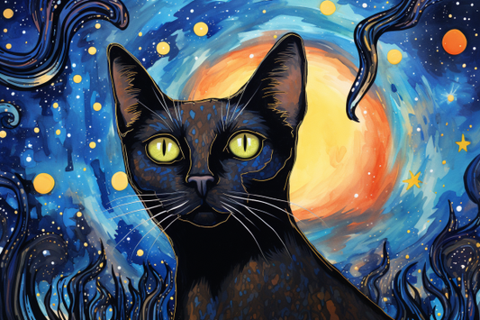 Black Siamese Cat On A Starry Night Diamond Painting Kits