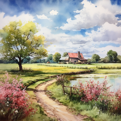 Watercolor Country Home On A Spring Day Diamond Painting Kits