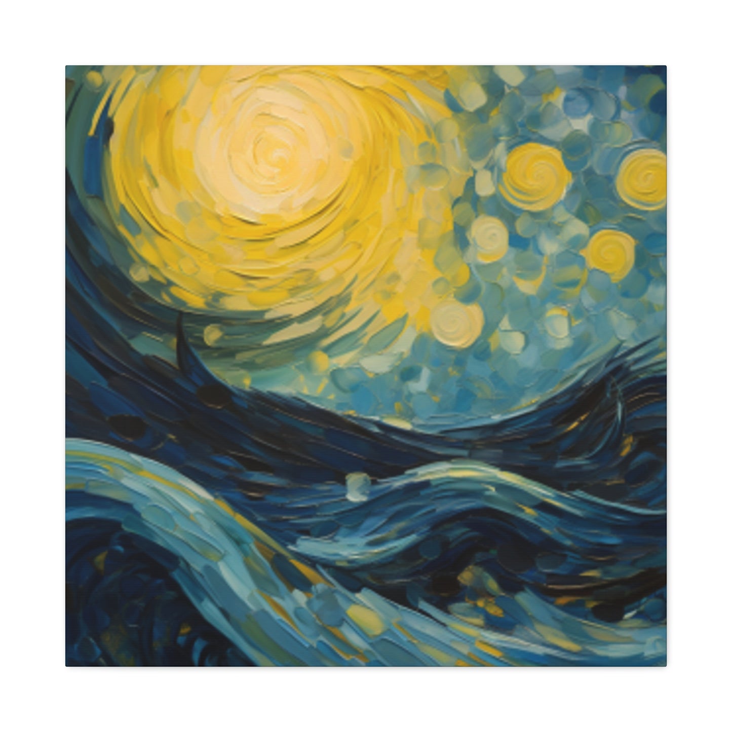 Waves And Full Moon Starry Night Style- Large Wall Art