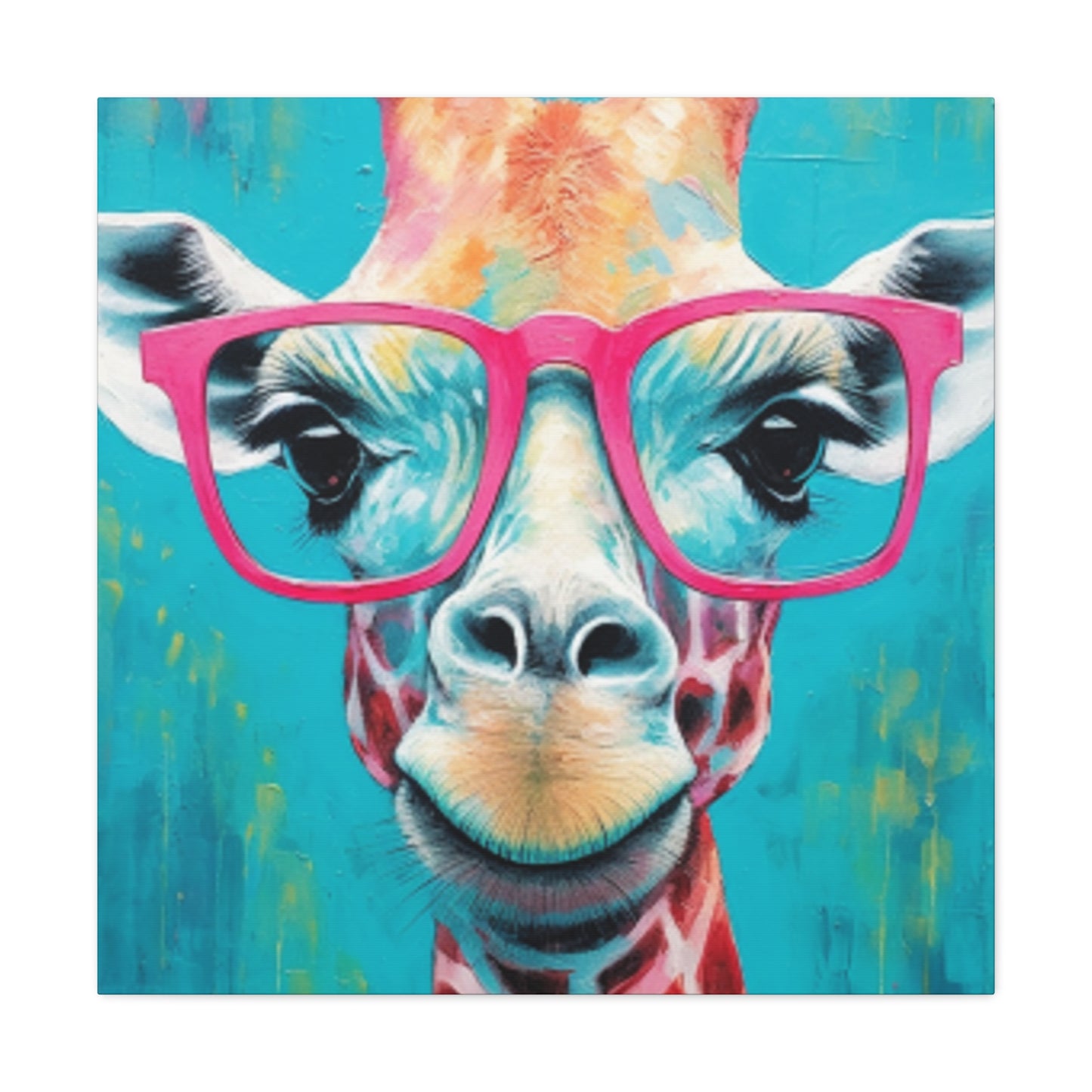 Happy Giraffe In Big Pink Glasses With Bright Blue Background - Large Wall Art