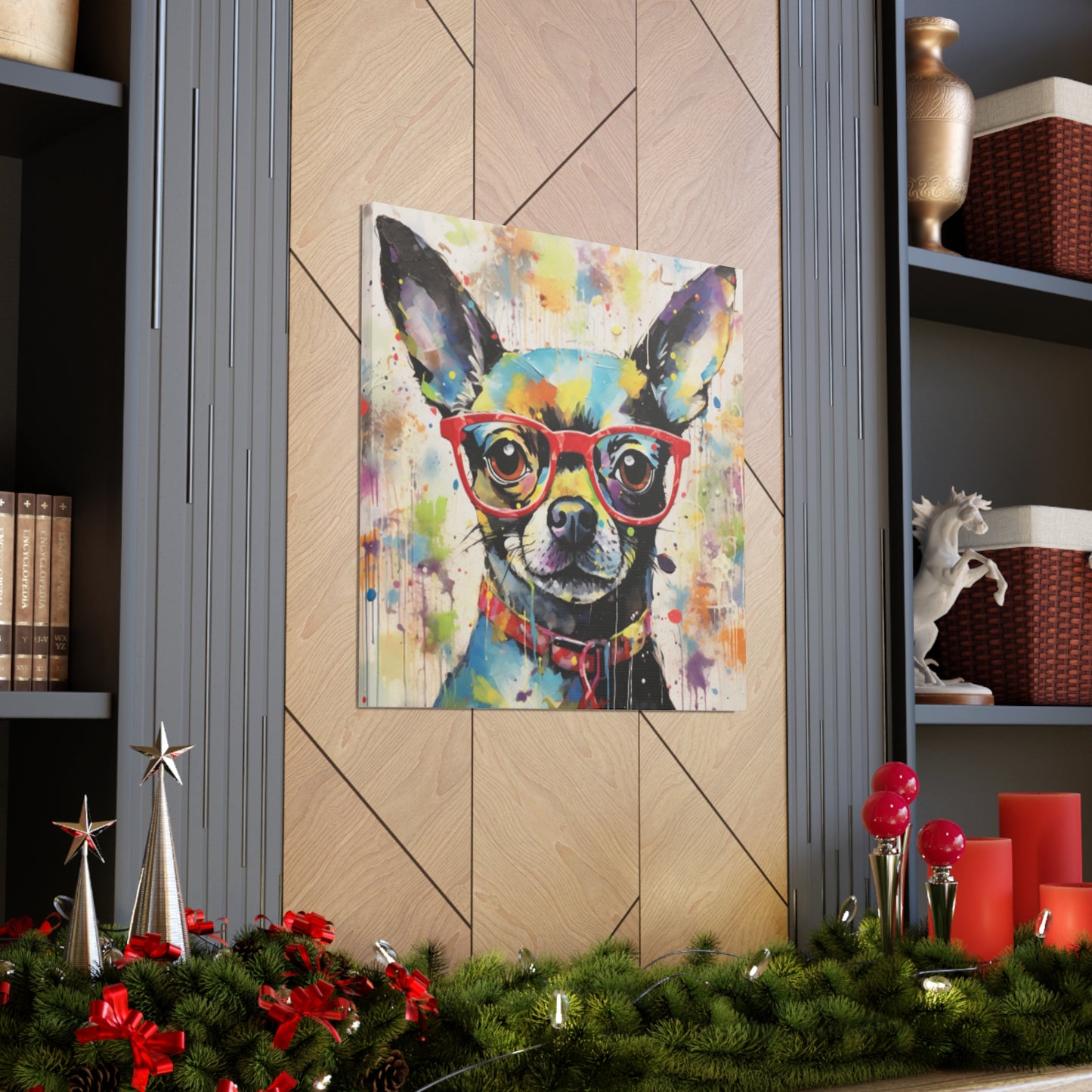 Colorful Painting Of Chihuahua In Red Glasses - Large Wall Art
