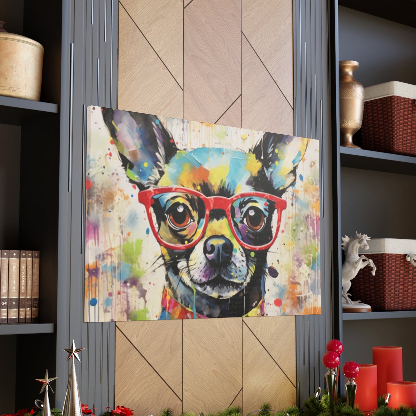 Colorful Painting Of Chihuahua In Red Glasses - Large Wall Art