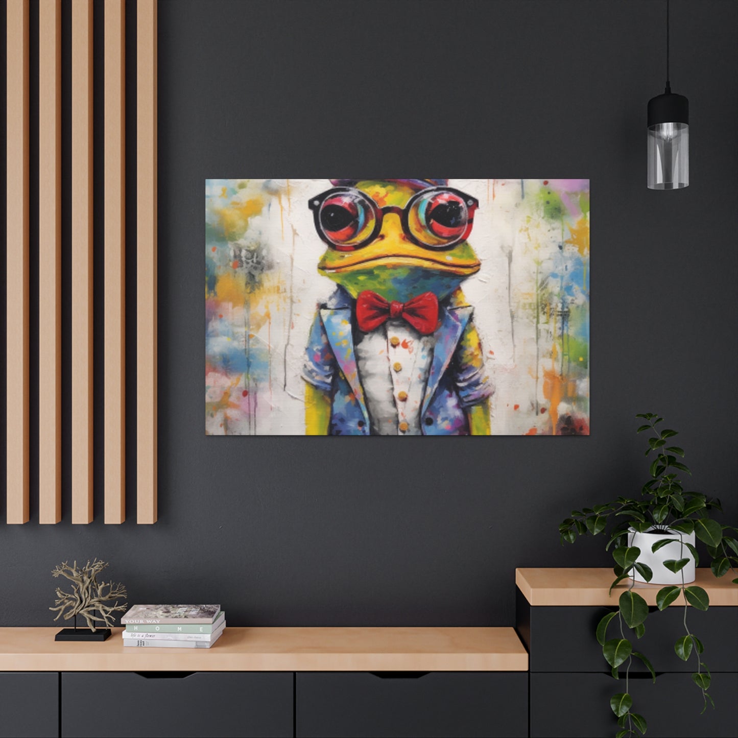 Green Frog Painting In Glasses And Red Bow Tie- Large Wall Art