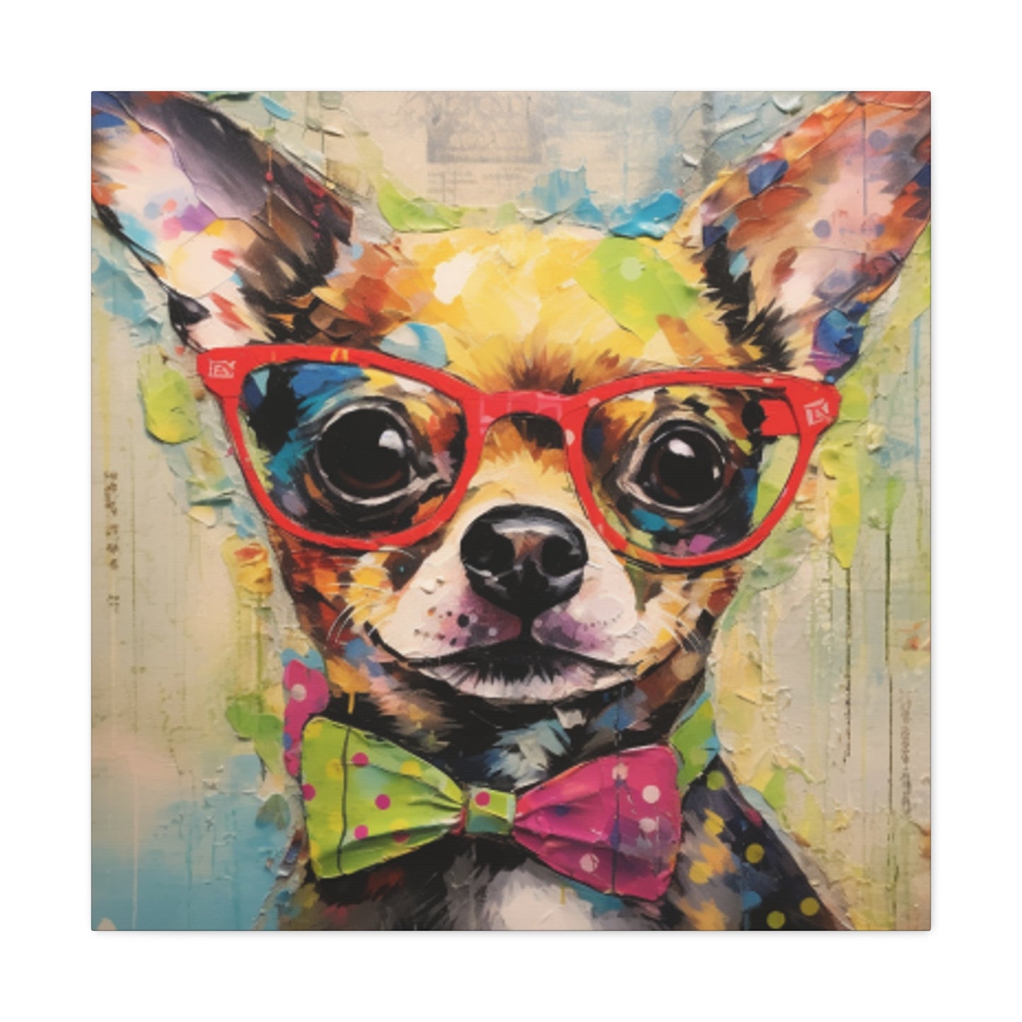Nerdy Chihuahua In Red Glasses And Yellow And Pink Bow Tie - Large Wall Art
