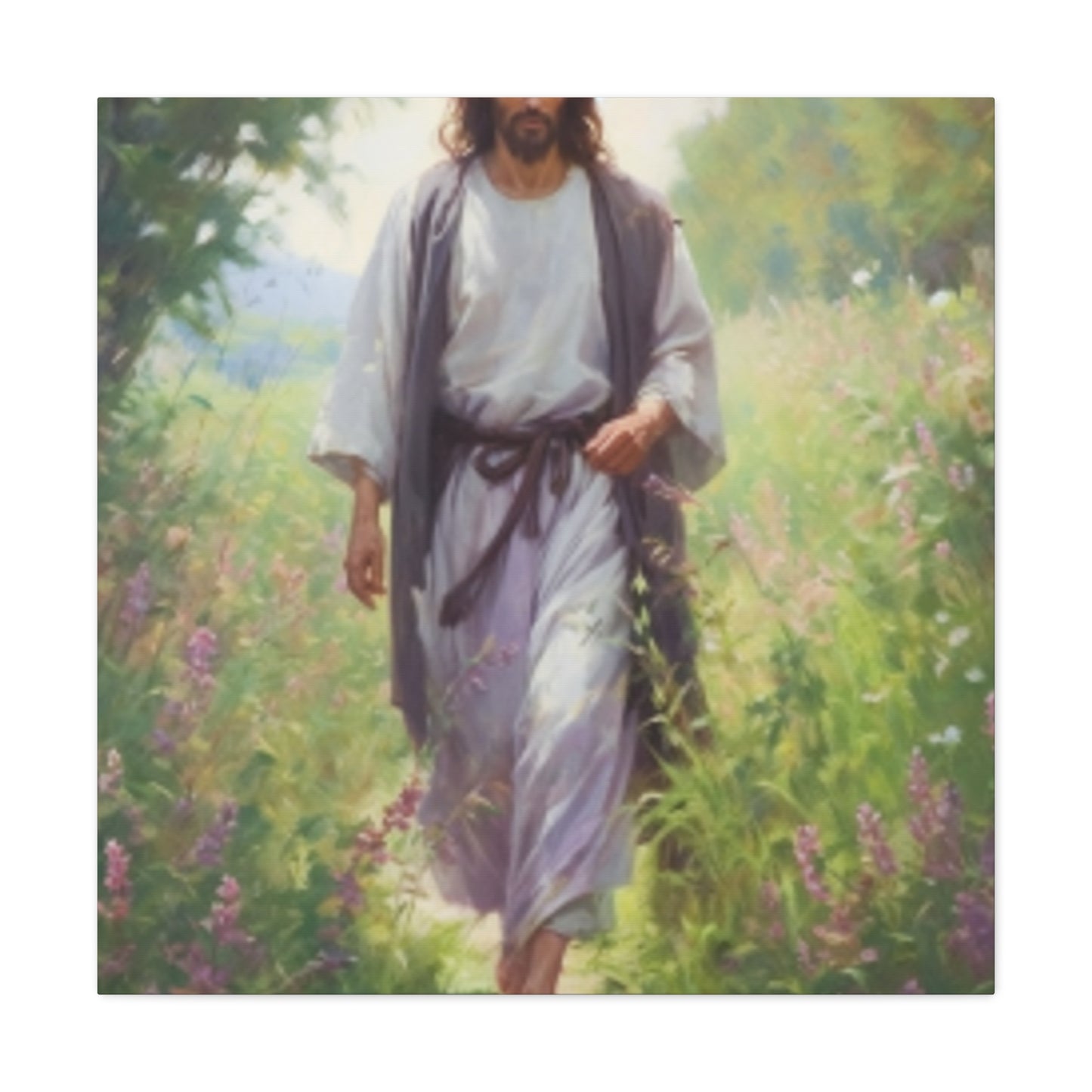 Jesus Taking A Heavenly Walk Through Wildflowers - Large Wall Art