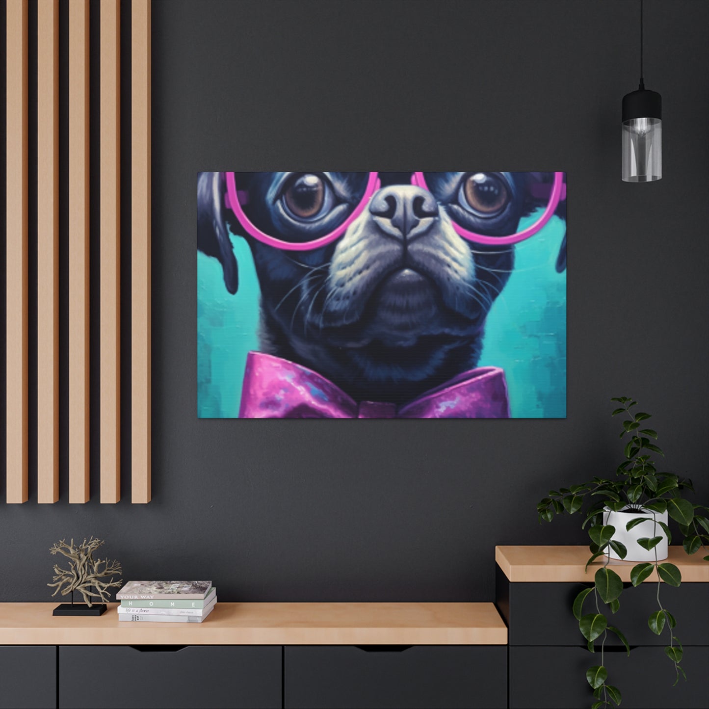 Huge Purple Glasses And Bow Tie On A Black Dog- Large Wall Art
