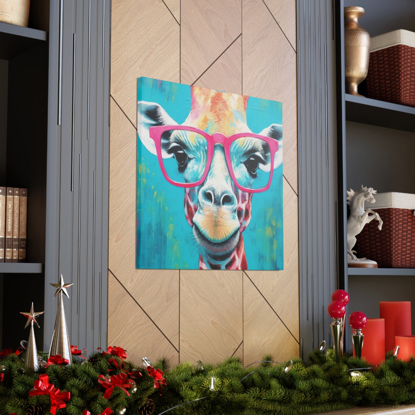 Happy Giraffe In Big Pink Glasses With Bright Blue Background - Large Wall Art