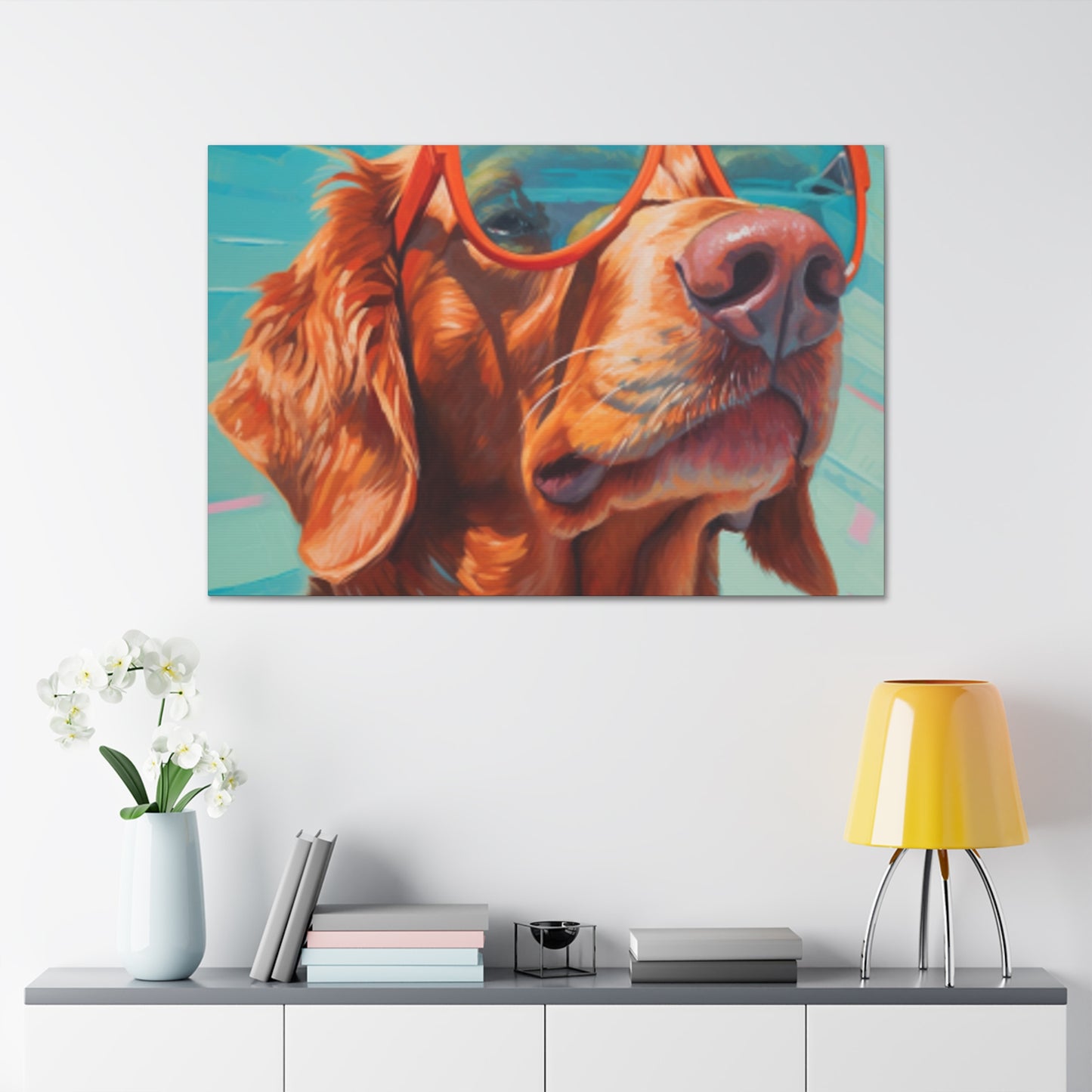 Golden Retriever In Orange Glasses Looking Yonder - Large Wall Art