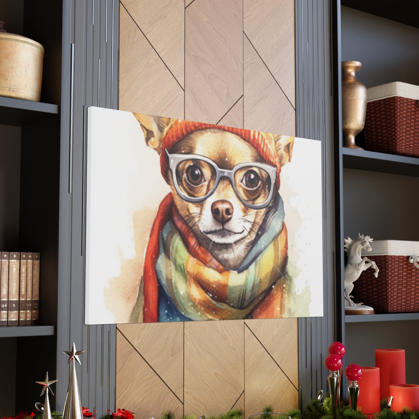 Chihuahua In Orange Beanie, Glasses And Scarf- Large Wall Art