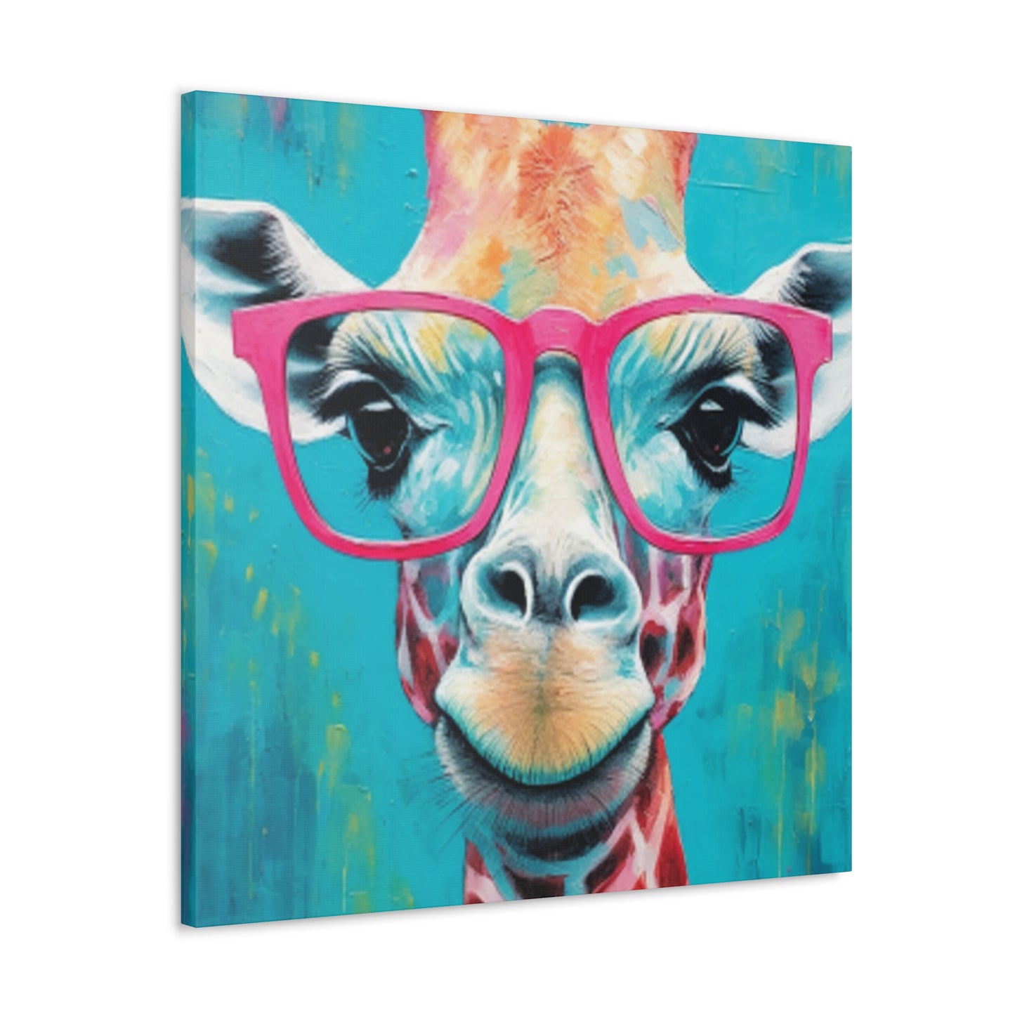 Happy Giraffe In Big Pink Glasses With Bright Blue Background - Large Wall Art