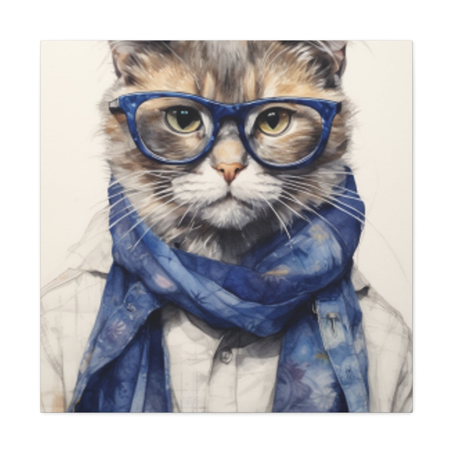 Gray Kitty, Blue Glasses And Scarf - Large Wall Art