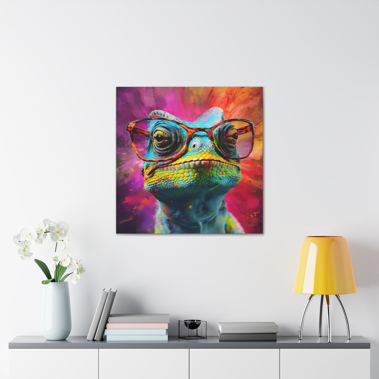 Lizard In Glasses With Purple, Pink, And Yellow Background - Large Wall Art
