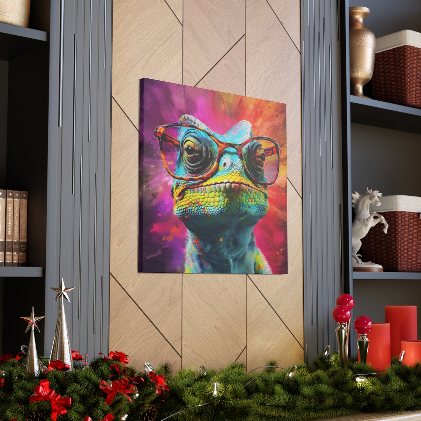 Lizard In Glasses With Purple, Pink, And Yellow Background - Large Wall Art