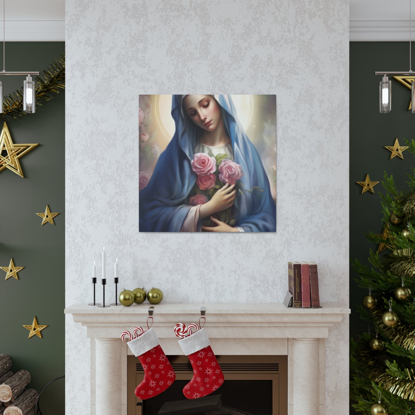 Heavenly Glow Around The Virgin Mary Holding Pink Roses - Large Wall Art