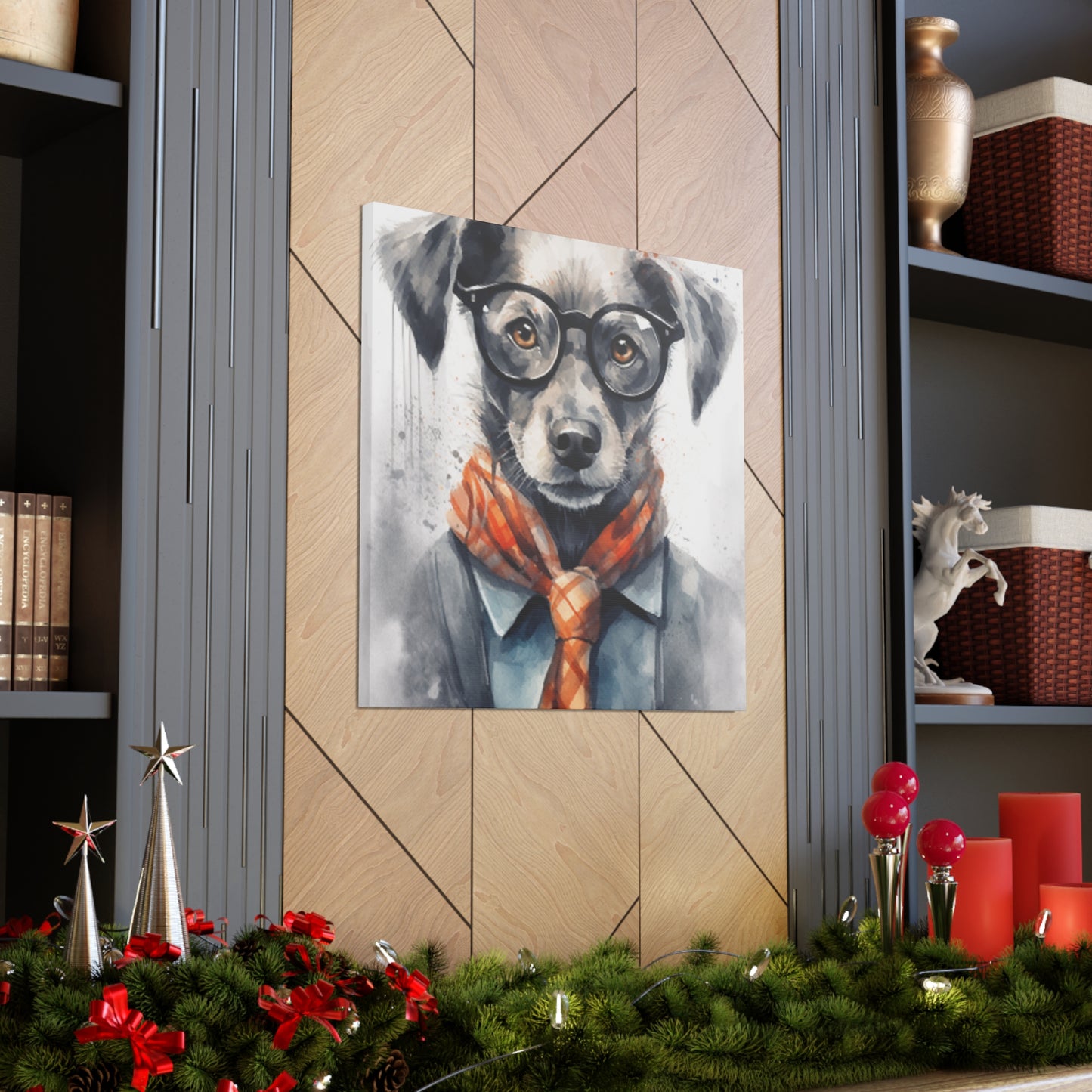 Puppy In Black Glasses, Pops Of Orange- Large Wall Art