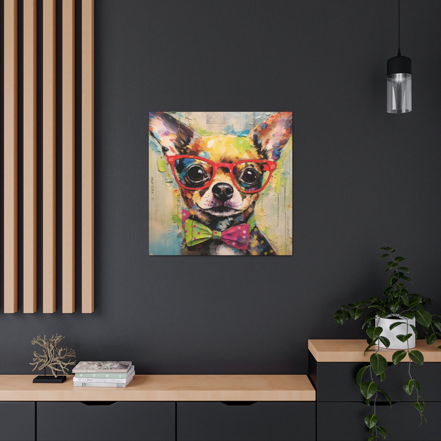 Nerdy Chihuahua In Red Glasses And Yellow And Pink Bow Tie - Large Wall Art