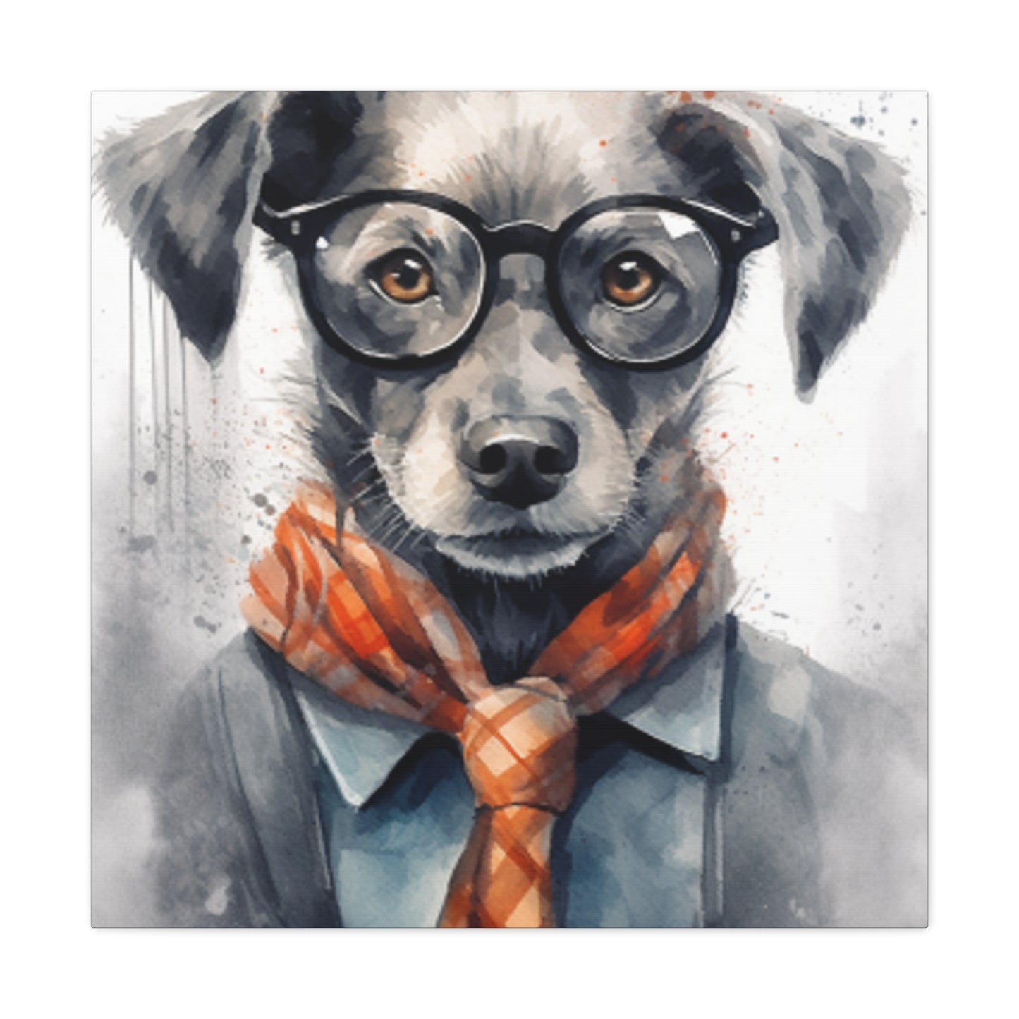 Puppy In Black Glasses, Pops Of Orange- Large Wall Art