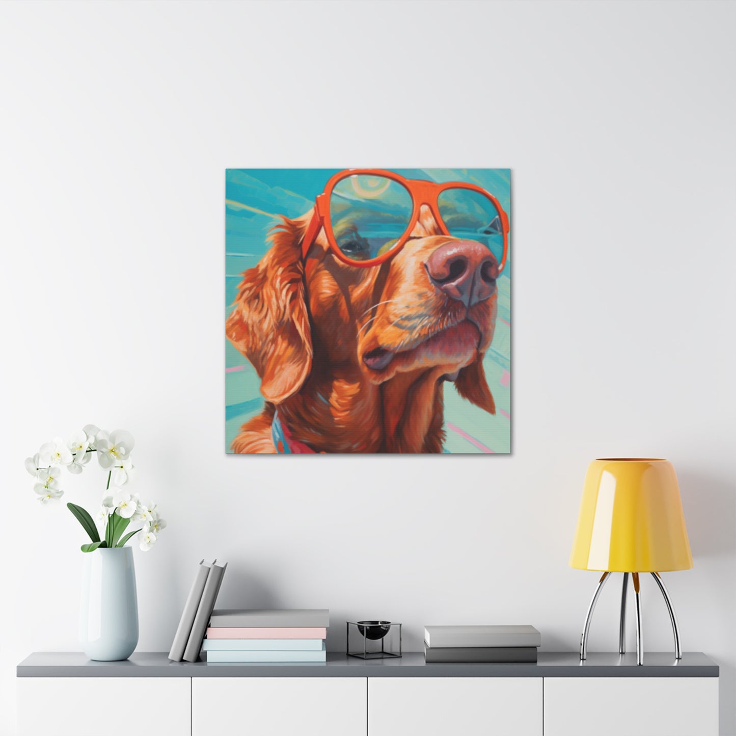 Golden Retriever In Orange Glasses Looking Yonder - Large Wall Art