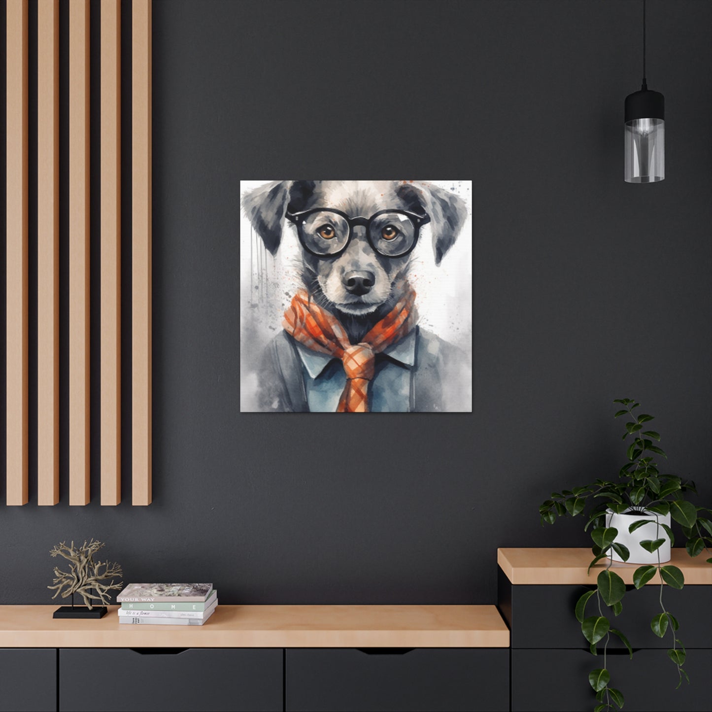 Puppy In Black Glasses, Pops Of Orange- Large Wall Art