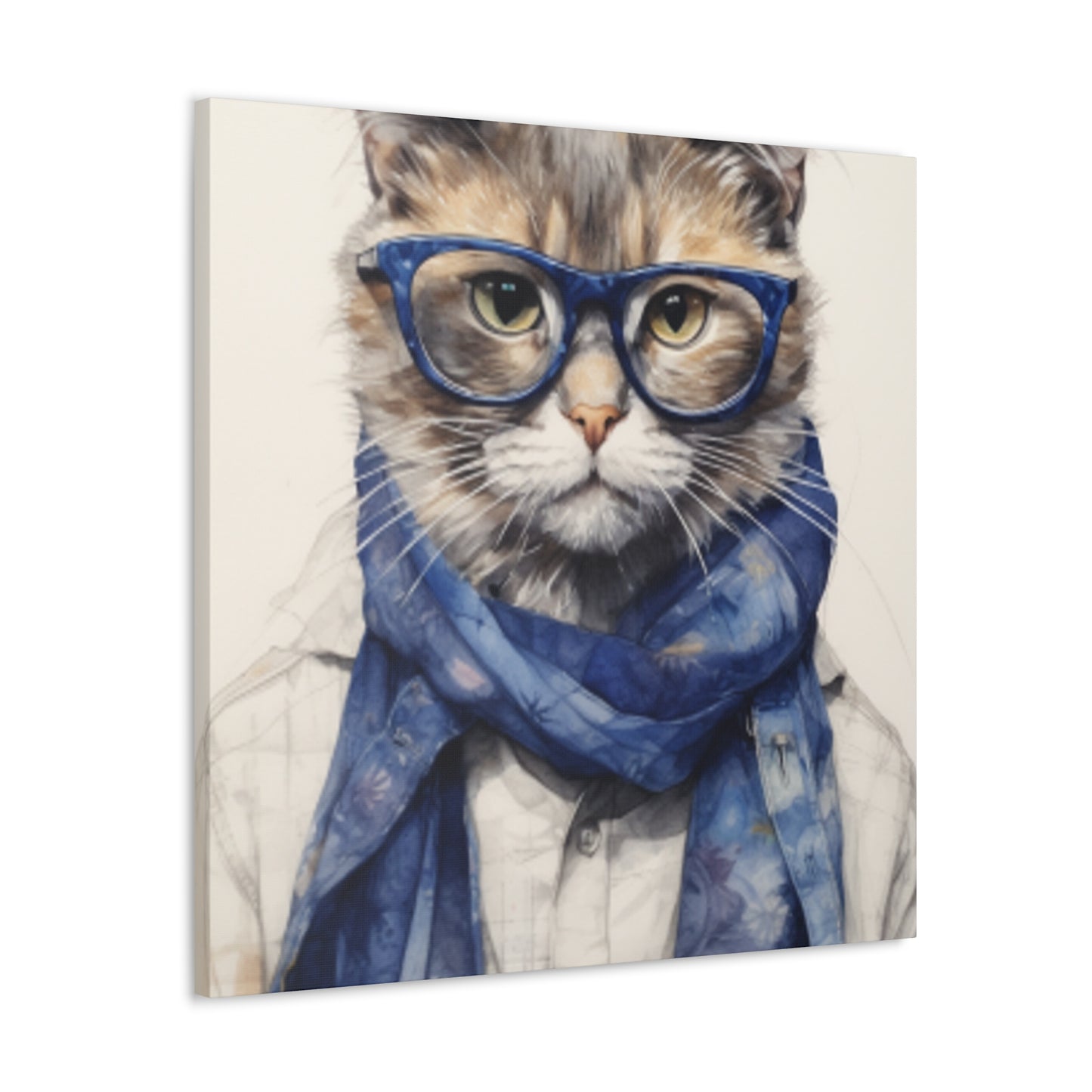Gray Kitty, Blue Glasses And Scarf - Large Wall Art