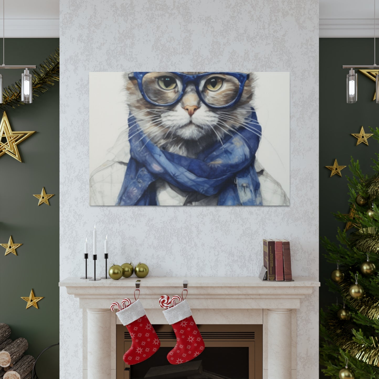 Gray Kitty, Blue Glasses And Scarf - Large Wall Art