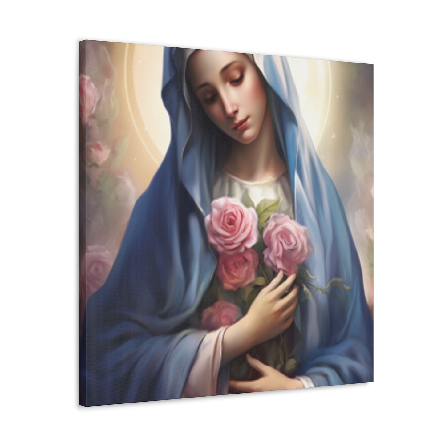 Heavenly Glow Around The Virgin Mary Holding Pink Roses - Large Wall Art