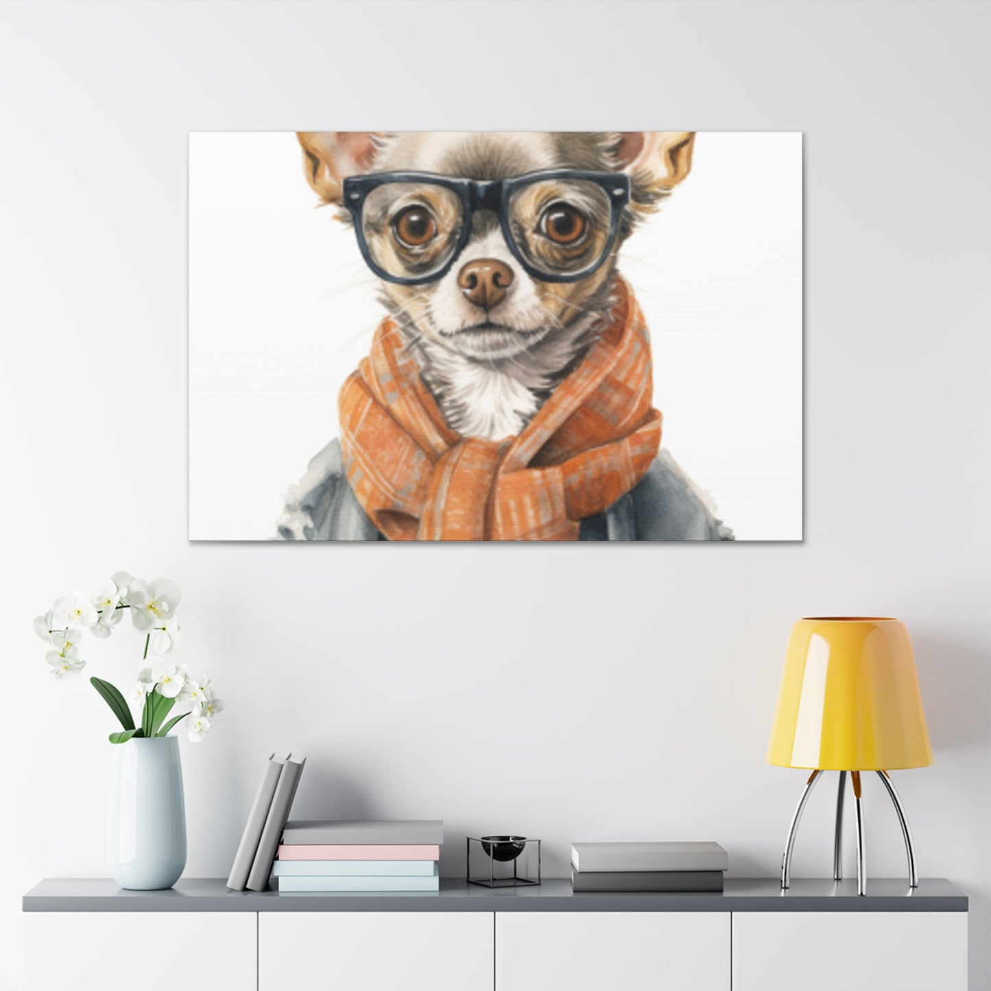 Chihuahua In Glasses And Orange Scarf - Large Wall Art