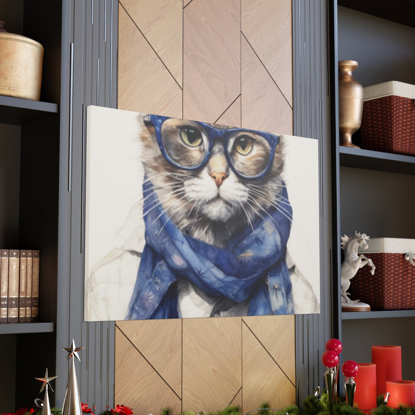 Gray Kitty, Blue Glasses And Scarf - Large Wall Art
