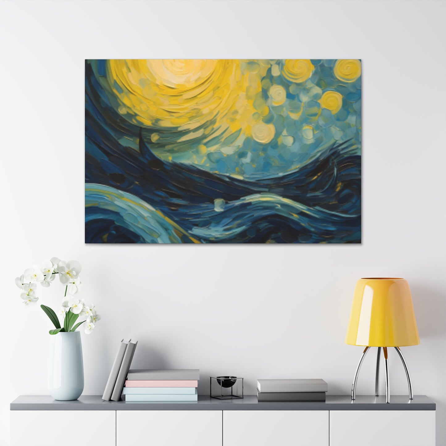 Waves And Full Moon Starry Night Style- Large Wall Art