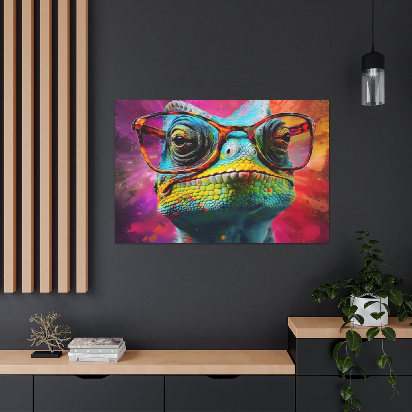 Lizard In Glasses With Purple, Pink, And Yellow Background - Large Wall Art