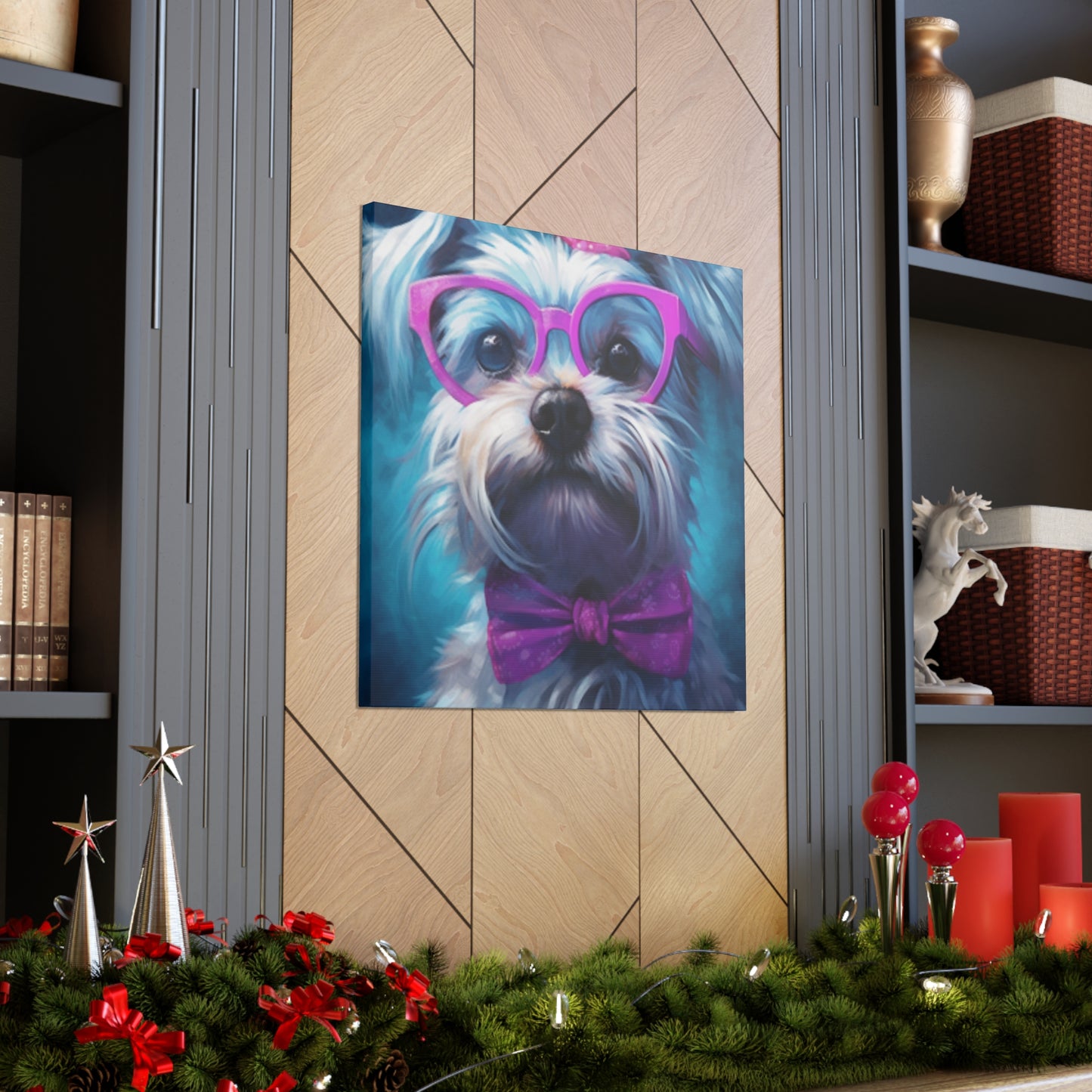 Cute Doggy In Pink Glasses, Bow Tie And Scrunchie - Large Wall Art
