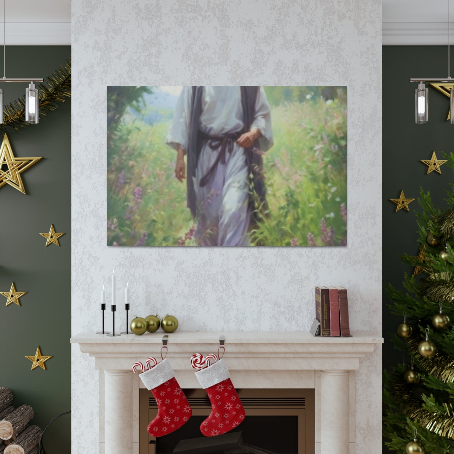 Jesus Taking A Heavenly Walk Through Wildflowers - Large Wall Art