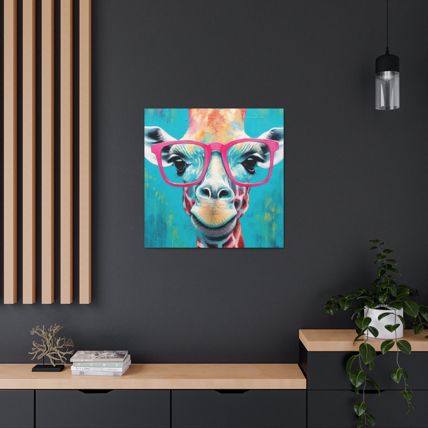 Happy Giraffe In Big Pink Glasses With Bright Blue Background - Large Wall Art