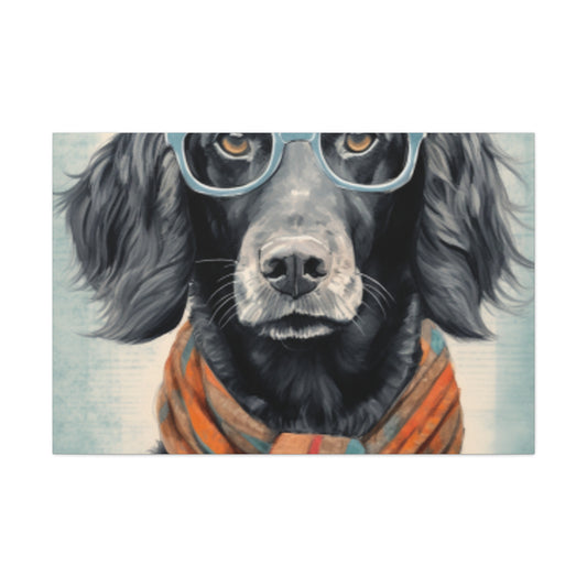 Black Dog In Glasses, Shades Of Blue- Large Wall Art
