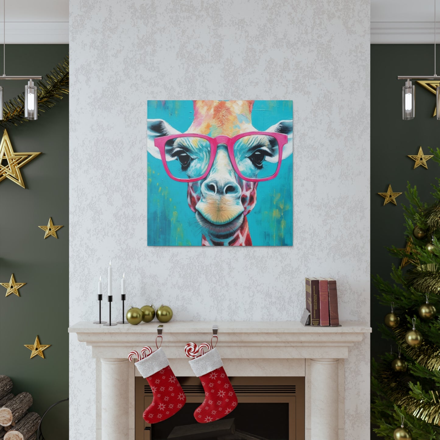 Happy Giraffe In Big Pink Glasses With Bright Blue Background - Large Wall Art