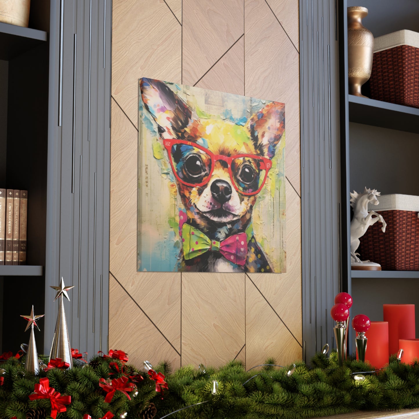 Nerdy Chihuahua In Red Glasses And Yellow And Pink Bow Tie - Large Wall Art
