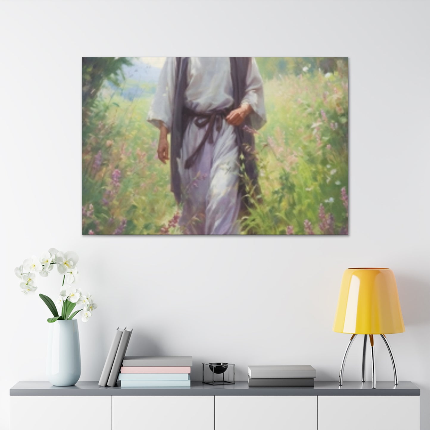Jesus Taking A Heavenly Walk Through Wildflowers - Large Wall Art