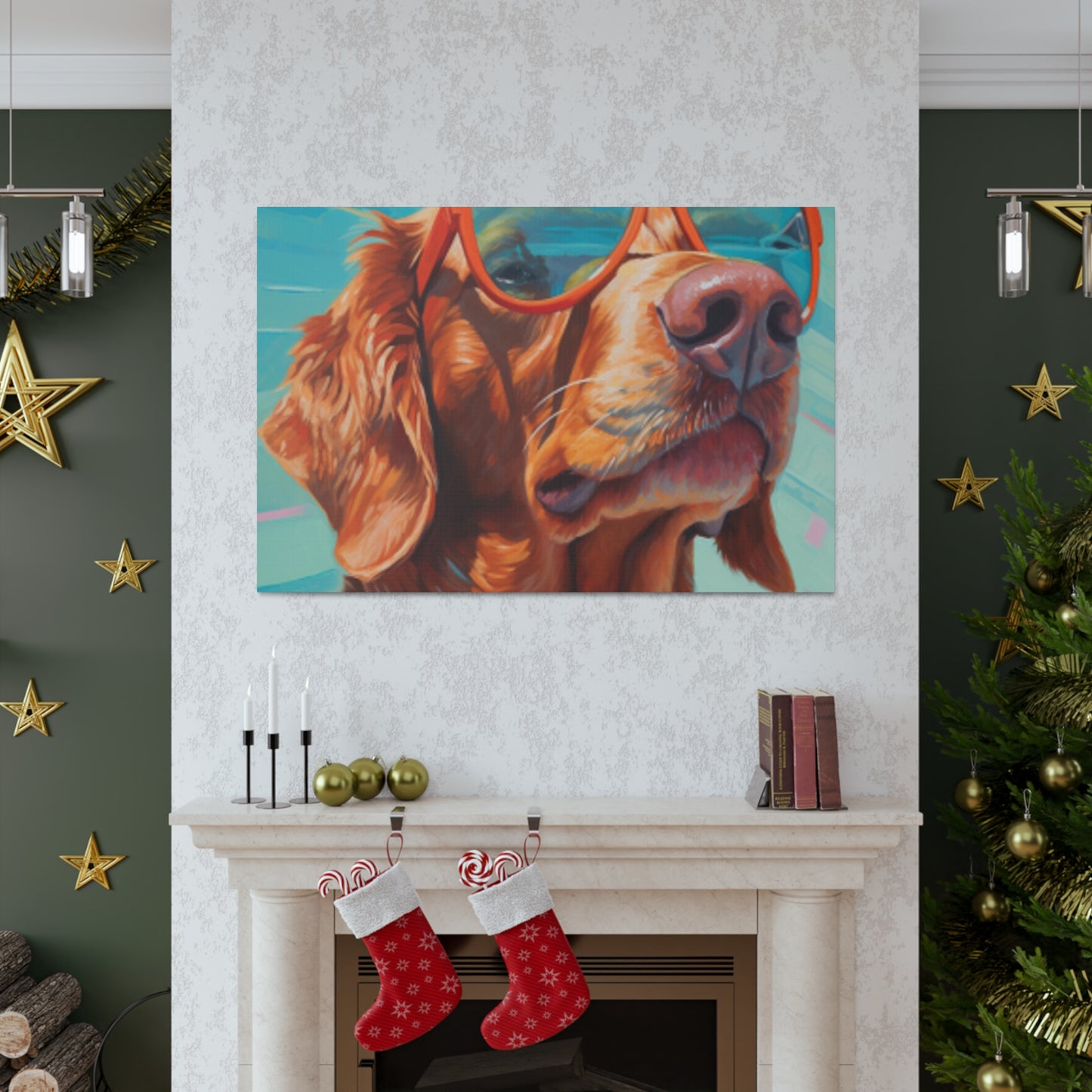 Golden Retriever In Orange Glasses Looking Yonder - Large Wall Art