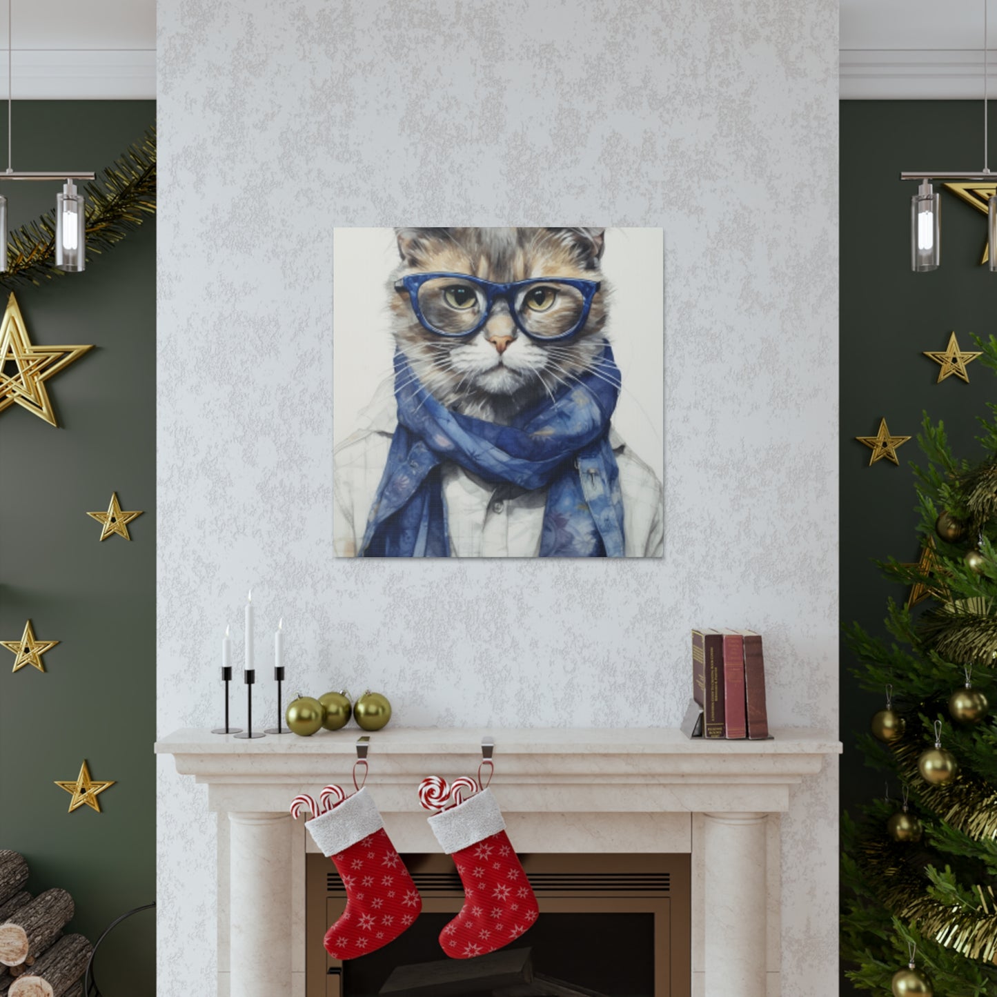 Gray Kitty, Blue Glasses And Scarf - Large Wall Art