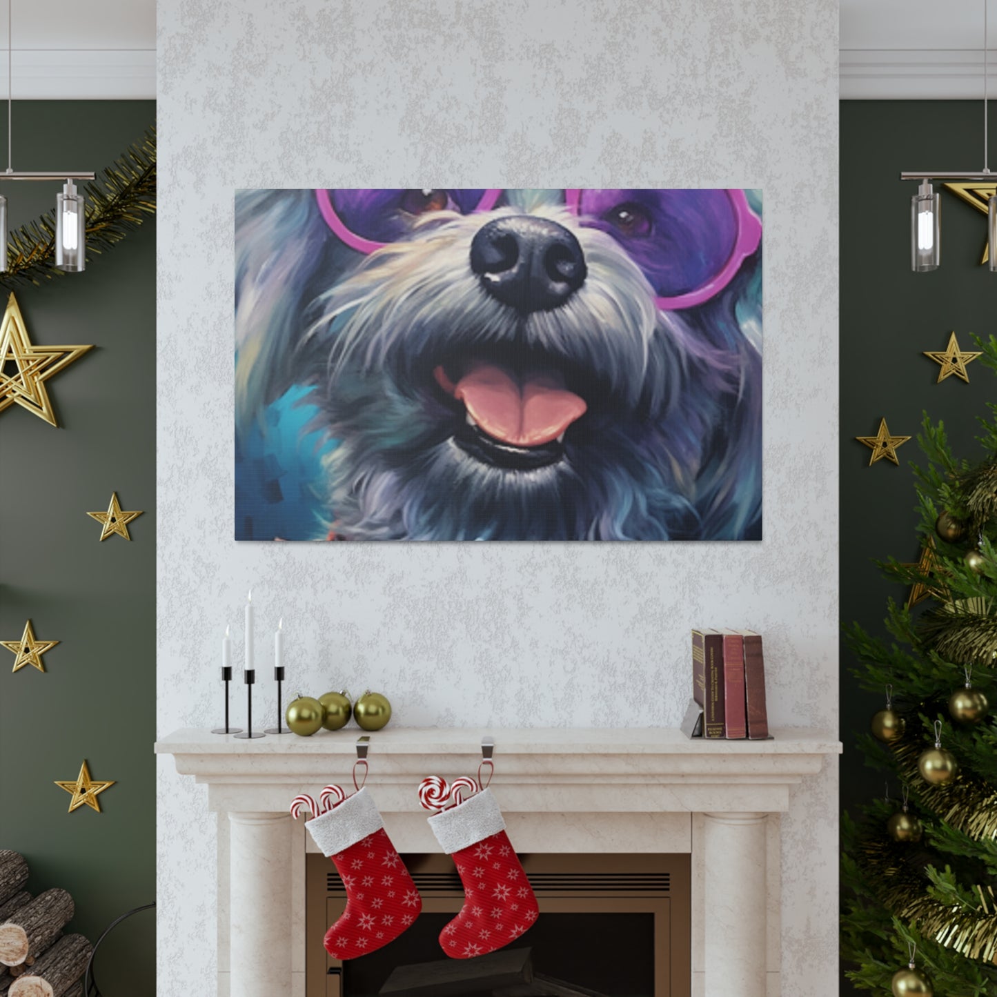Happy Dog With Big Purple Glasses - Large Wall Art