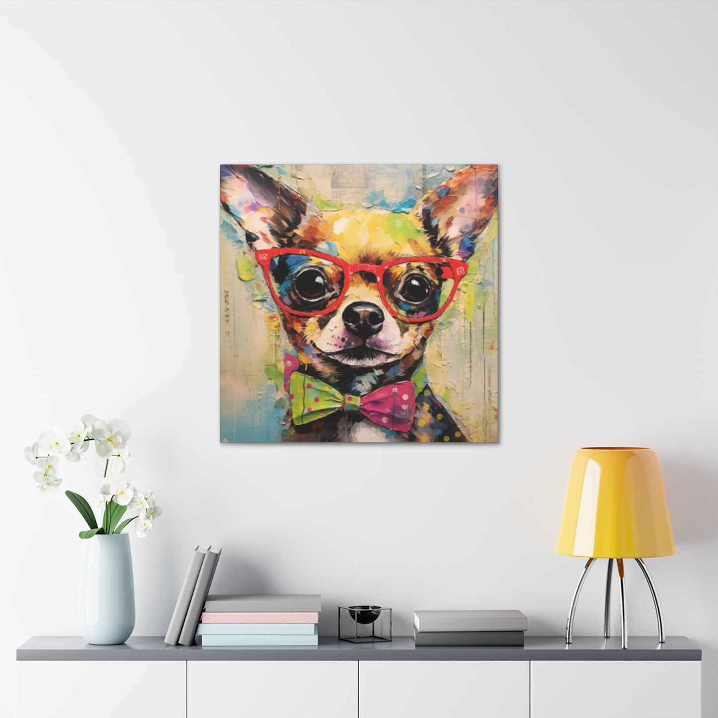 Nerdy Chihuahua In Red Glasses And Yellow And Pink Bow Tie - Large Wall Art