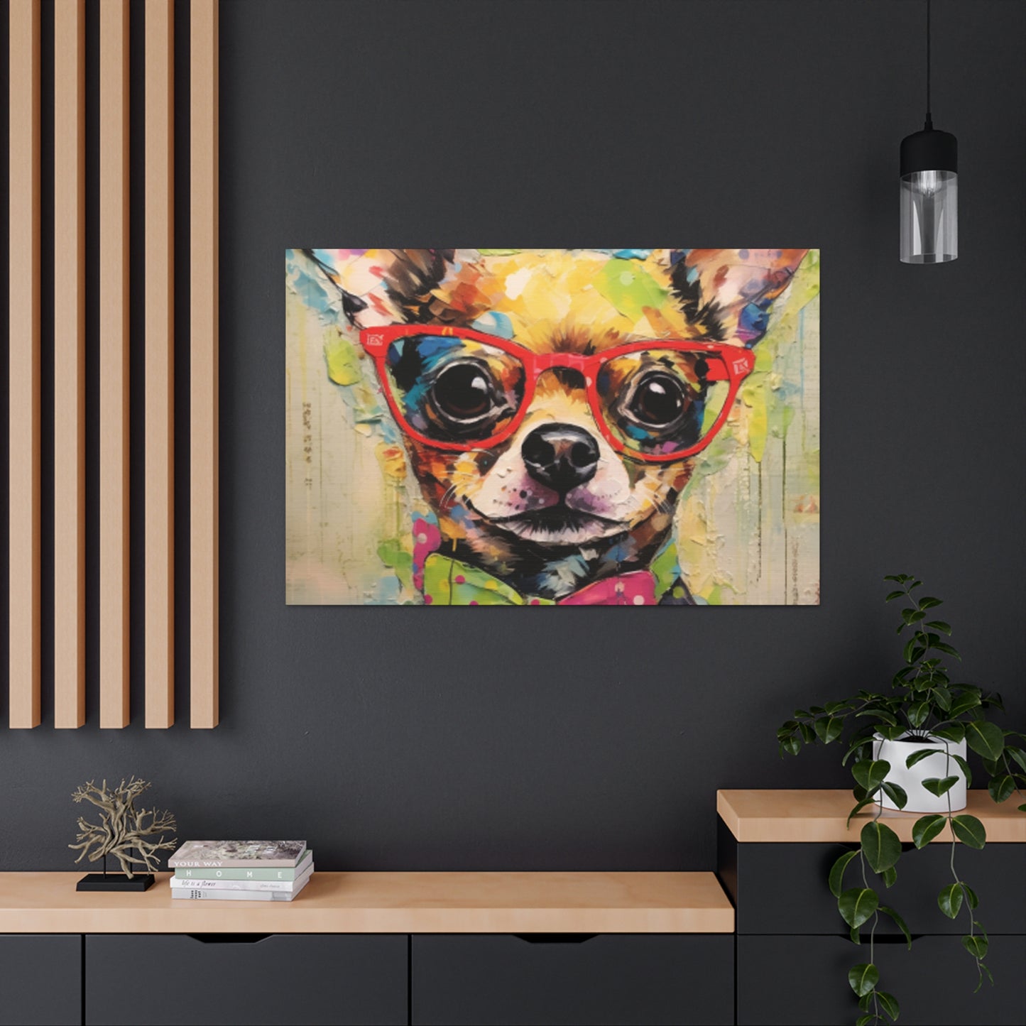 Nerdy Chihuahua In Red Glasses And Yellow And Pink Bow Tie - Large Wall Art